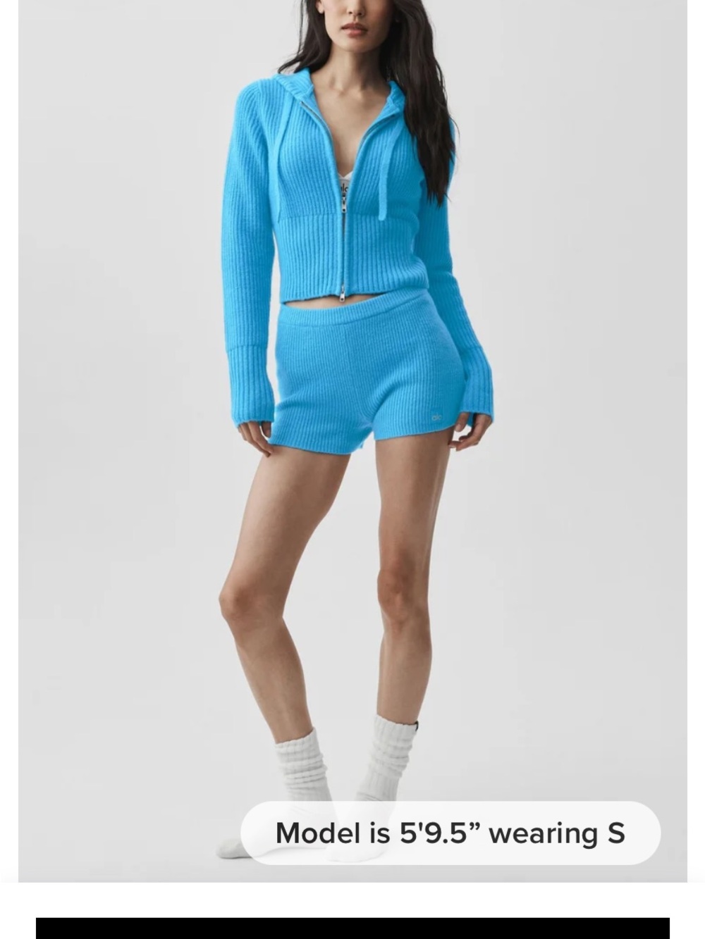 Alo Cashmere Ribbed Noble Hooded Zip-Up SweaterLight Blue (azure blue) w shorts